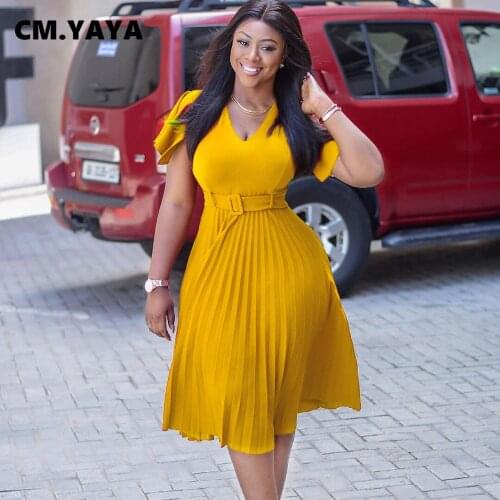 CM.YAYA Women Midi Dress Solid Pleated A-line Vestidos Ladies Vintage Elegance Vestidos Fashion Streetwear Summer Outfits 2021