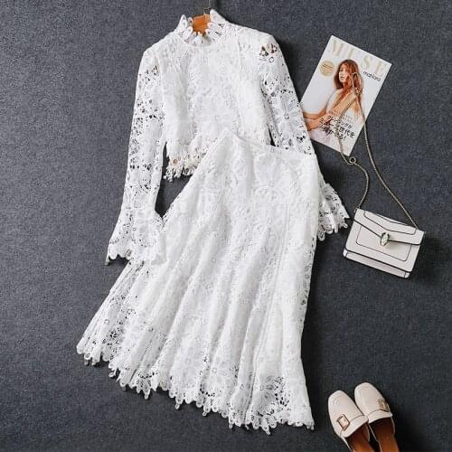 Zim New Fashion Women Clothes Set Dresses 2 Pcs Lace Hollow Good Quality Ball Gown Real Picture Lady Dress Two Pieces