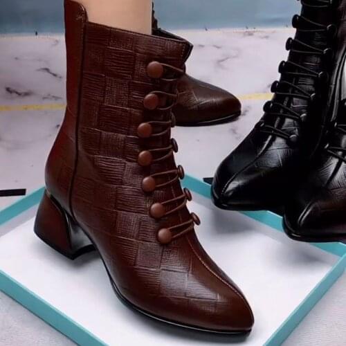 Winter Warm Fashion Womens Boots Ankle Square Medium Hight Heel Checkered Pointed Toe Button ZIP Casual Comfortable Shoes