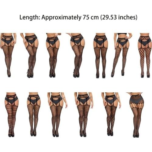 066C Women Sexy Fishnet Lingerie High Waist Suspender Pantyhose Hollow Out Patterned Sheer Tights Garter Thigh High Stockings