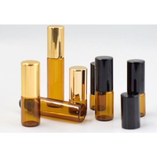 100pcs/lot 1ml 2ml 3ml 5ml 10ml Amber Perfume Glass Roll on Bottle with Glass/Metal Ball Brown Roller Essential Oil Vials Thin