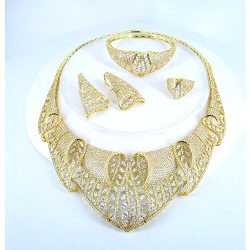 2021 new fashion bohemia luxury crystal CZ zircon golden necklace earring bracelet ring set wedding bride dressing jewelry set