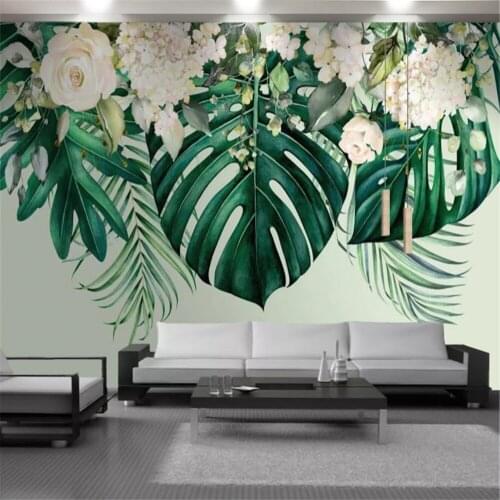 3d Flower Wall Covering Delicate Flowers Green Overhanging Large Leaves Beautiful Scenery Home Decor Painting Mural Wallpapers