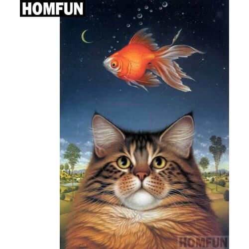 HOMFUN Full Square/Round Drill 5D DIY Diamond Painting "Cat and Fish" 3D Embroidery Cross Stitch 5D Home Decor Gift A00678