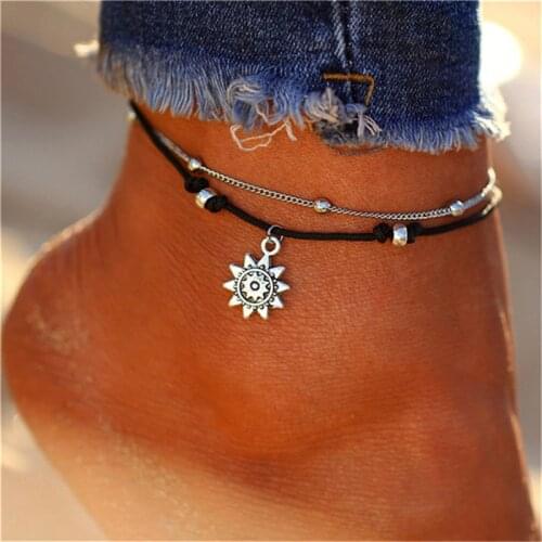 Anklet Set For Women Beach Foot Jewelry Vintage Statement Sun Chain Charm Anklets Bracelet Boho Retro Style Party Summer Alloy