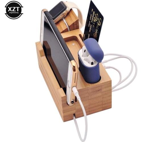 Bamboo Base 3 Port USB Charging Station for Apple Watch AirPods Charging Dock Charger Stand for iPhone 6 8 X Dock Cradle Holder
