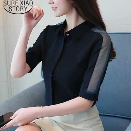 Blusas mujer de moda 2021 womens blouses harajuku women shirts Chiffon Half Office Lady Button Solid Turn-down Collar 1981 50