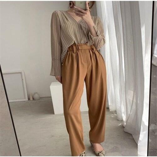 Blouses Women Chiffon V-Neck All-match Loose Long Sleeve Students Daily Beige Thin Temperament Oversized Printed Stylish Classy