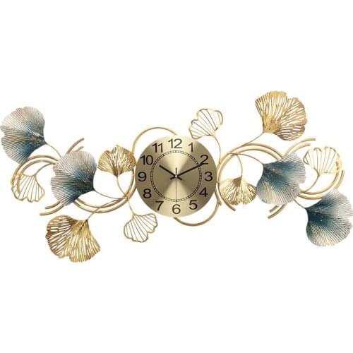 Large Wall Clock Golden Living Room Decoration Metal Wall Watches Home Decor Luxury Ginkgo Leaf Silent Movement Clocks Creative