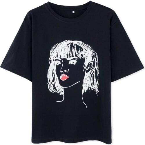 Neatie kiddie Summer Korean Style Character Print Loose T-shirt Women Tee Shirt Short Sleeve Black Basic Casual Tshirt Clothes