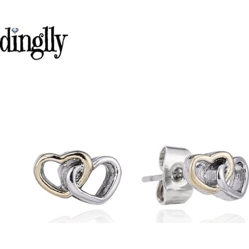 Dinglly Two-tone Heart Earrings For Women Girl Original Lover Couple Birthday Gift Double Heart Stud Earrings Jewelry