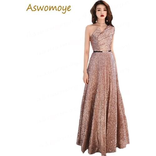 Aswomoye Elegant Shinning Evening Dress 2018 New One Shoulder Special Occasion Dresses Prom Party Dress Backless robe de soiree