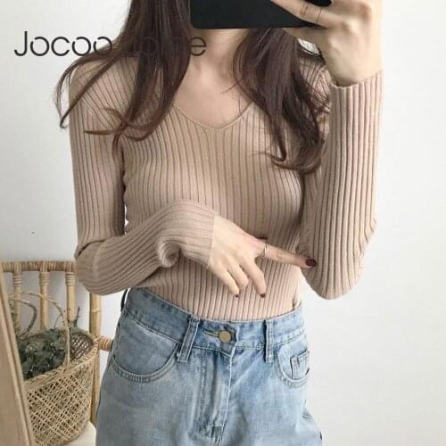 Jocoo Jolee Women Elegant Solid V Neck Knitted Sweater Long Sleeve Simple Wild Slim Pullovers Korean Harajuku Knitting Tops