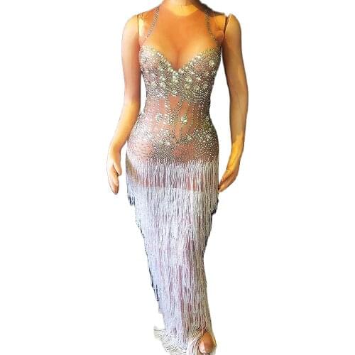 Sparkly Rhinestone Silver Tassel Women Long Dress Dancer DS Costumes Birthday Celebrate Party Wear Show Performance Dress