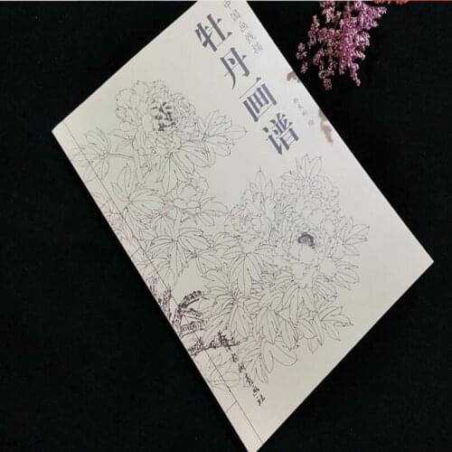Chinese Water Ink Painting Sumi-e Peony Flower Outline Sketch Brush Ink Art Tattoo Reference Book