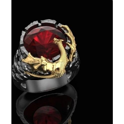 Punk Gothic Rock Personalized Gold Two Color Inlaid Big Ruby Dragon Ring Mens Black Ring Noble Wedding Party Finger Jewelry