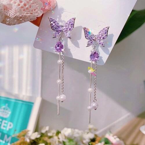 Colorful Shiny Butterfly Rhinestone Drop Earrings For Women Elegant Pearl Tassel Korean Dangle Earring Female Party Jewelry