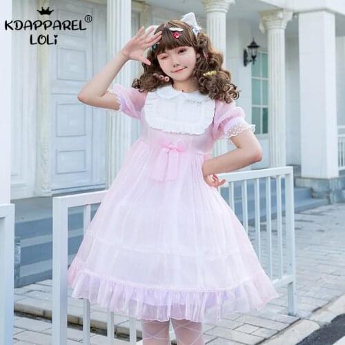 Summer Women Loilta Gauze Dresses OP Short Sleeve Doll Collar Sweet Girls Bows Teens Students Pink Puff Sleeve Ruffles Princess
