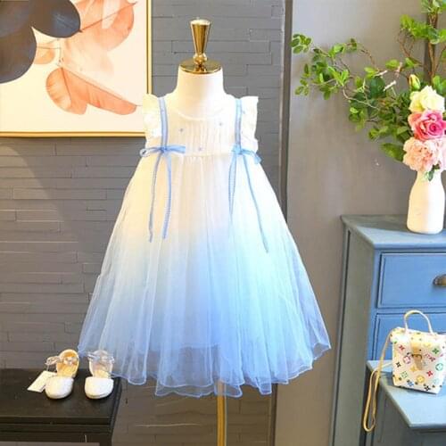 Girls Summer Gradient Color Sleeveless Dress Baby Star Fantasy Net Yarn Knee Length Skirt Children Birthday Party Princess Wear