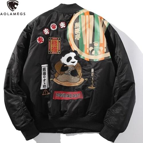 Aolamegs Winter Warm Embroidery Jacket Men Chinese Dragon Panda Embroided Coat Couple Oversized Baseball Jackets Vintage Outwear