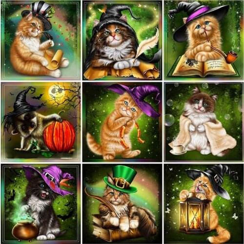 5D DIY Poured Glue Diamond Painting Kits Scalloped Edge Cat Embroidery Full Round Drill Halloween Animal Mosaic Home Decoration