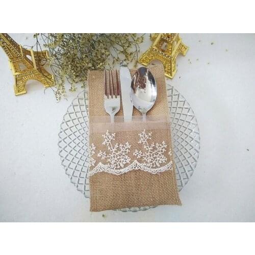 Natural Hessian Burlap Cutlery Holder Pouch Bag with Lace Flower Wedding Tableware Bags Favor , Pack of 50