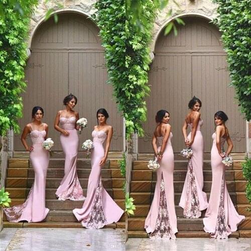 New Spaghetti-Bearers Lace Satin Bridesmaids Dresses Applique Prom Dresses Mermaid Bridesmaids Dresses Long Wedding Guest