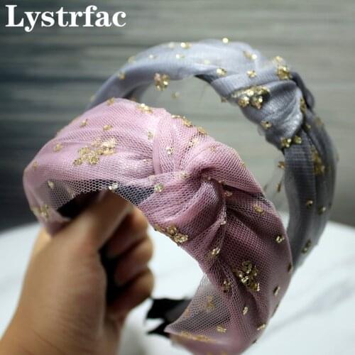 Lystrfac New Fashion Mesh Sequin Knotted Hairband for Women Headwear Wide-sided Flower Hair Hoop Female Hair Accessories