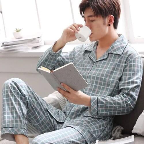 Cotton Pijama for Men Pieces Lounge Sleepwear Pyjamas Plaid spring Bedgown Home Clothes Man PJs Pure Cotton Pajamas Set