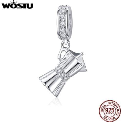 WOSTU Hot Sale Authentic 925 Sterling Silver Coffee Equipments Shape Beads Charms Fit Pendant Bracelet & Bangle CQC1287