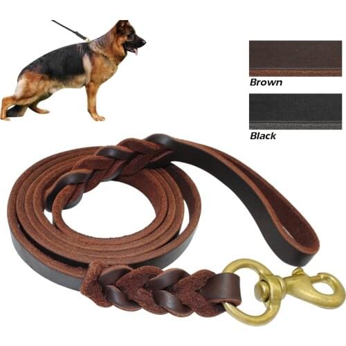 Genuine Leather Dog Leash Real Leather Dog Training Long Leash Braided Pet Lead Prevent Bite for Medium Large Dogs Black Brown