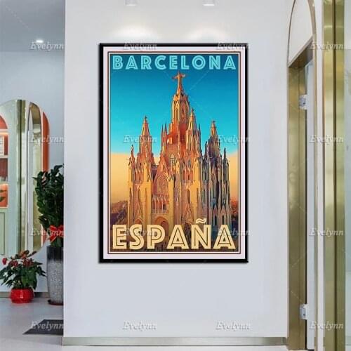 Retro Vintage Style Travel Poster Barcelona Espana Oil Painting Posters and Prints on Canvas Wall Art Pictures Living Room Decor