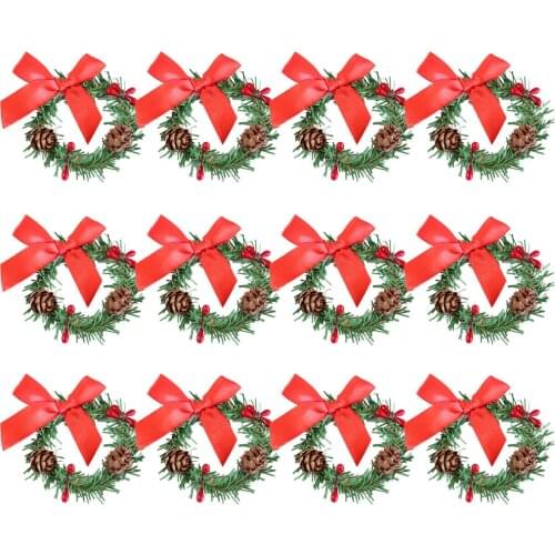 Christmas Decoration Artificial Flower Green Straw Mimi 12PCS Wine Bottle PVC Bowknot Fake Red Berry Pine Cone Napkin Ring