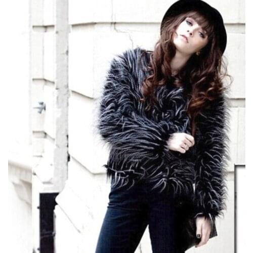 S-XXL Fashion wild new womens round neck imitation black peacock fur coat short paragraph warm slim Slim top jacket