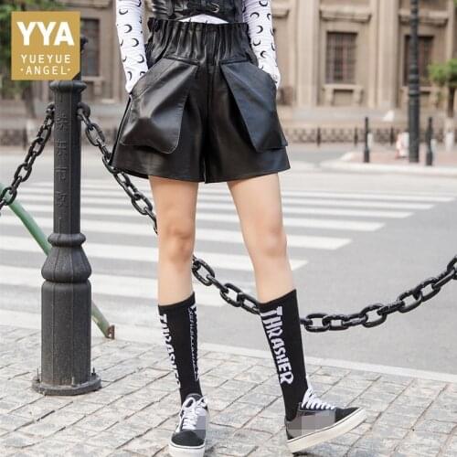 Streetwear High Waist Genuine Leather Shorts Women Autumn Winter Slim Wide Leg Trousers Luxury Elastic Waist Sheepskin Shorts