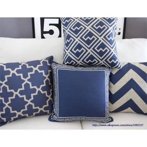 Blue pillow cover blue throw pillows Navy Cushion Cover Home Decor abstract geometric Cushion Cotton Linen sofa pillow
