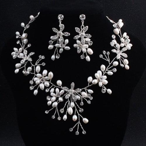 SLBRIDAL Handmade Rhinestones Austrian Crystal Freshwater Pearls Wedding Jewelry Set Bridal Necklace Earring Set Women Jewelry