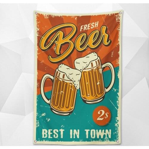 FRESH BEER Shabby Retro Banner Wall Art Bar Winery Home Decoration Beer Day Poster Hanging Chart Flag with 4 Metal Grommets Gift