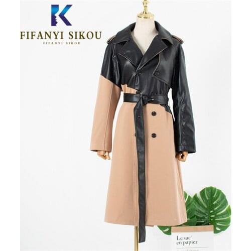 Patchwork PU leather Women Trench coat Double Breasted Lapel Spliced Outerwear Fashion Long Trench coat Lady Elegant Windbreaker