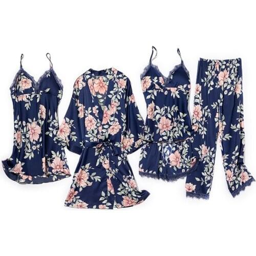 5PCS PJS Set Women Outfits Satin Lace Pajamas Sleep Suit With Trousers V-Neck Sleepwear Sexy Casual Kimono Robe Gown Loungewear