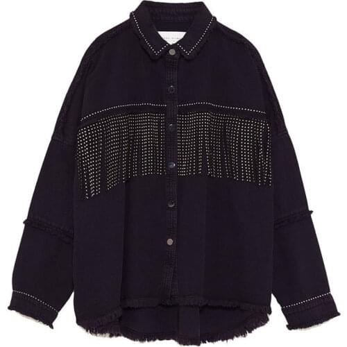 NEW Womens Black Long Sleeve Lapel Slim Fringe Decorative Jacket Autumn Hot Drilling Raw Edge Casual Street Coat Female S-2XL