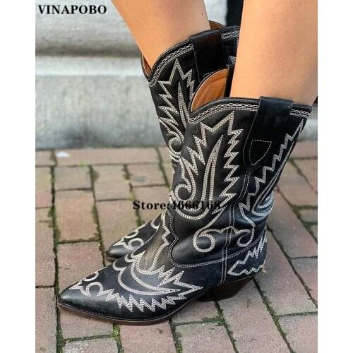 Western Boots Women Knee High Cowboy Boots 2020 Genuine Leather Pointed Toe Ladies Shoes Woman Thick Heel Embroidered Boots