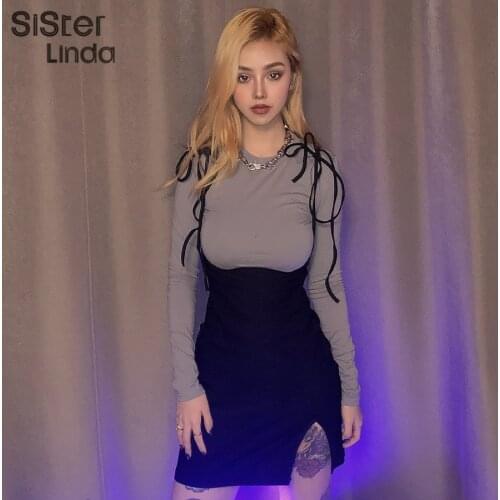 Sisterlinda Retro Wild Tops Sling Dress Two Piece Female Set Casual Long Sleeve Tee Shirts Simple Slim Dress Suits Mujer 2020