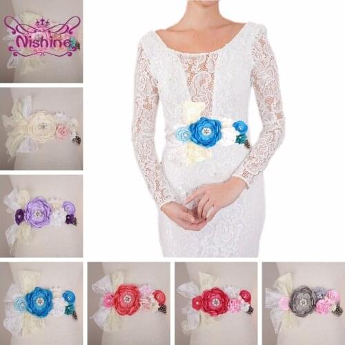 Boutique Pearl Rhinestone Roast Floral Sash Women Polygonal Flowers Lace Waistband Maternity Belt Fashion Wedding Decoration