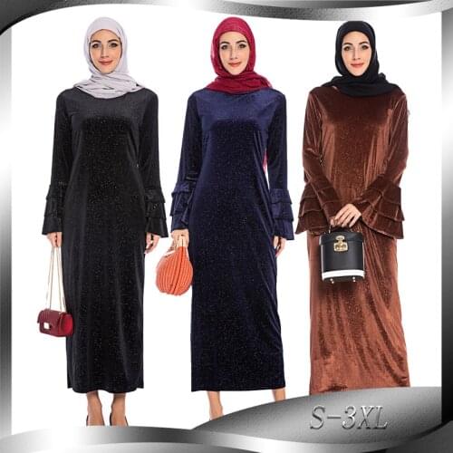 Womens Long Muslim Dress New Products For Autumn And Winter Thick Gold Velvet Trumpet Sleeves Solid Color Velvet Fabric Abaya