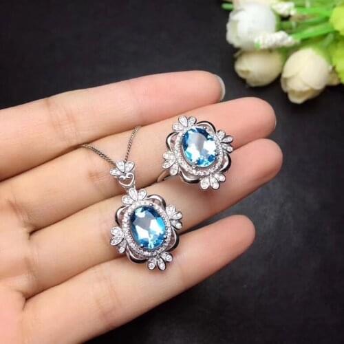 Personality Talonpaw Sun flower Natural blue topaz Pendant ring Natural Gemstone Jewelry Set S925 Silver Women girl gift jewelry