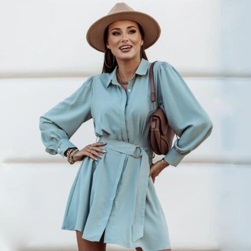 Women 2020 New Fashion Shirt Dress Casual Turn-down Lantern Sleeve A-line Belt Loose Mini Dress Solid Elegant Party Dress Autumn