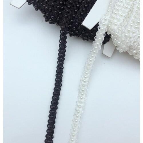 18meter wide 12mm white and black flower Pearl Beaded & Embroidery Lace Trim beaded trim for craft sewing
