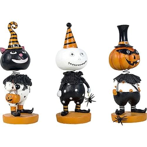 3D Halloween Shaking Head Pumpkin Dolls Ornaments Figurine Resin Crafts Halloween Decoration for Home Party Supplies Sculptures