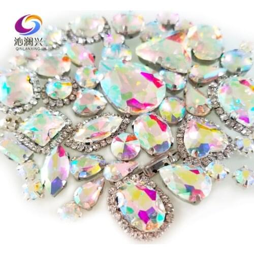 50pcs/pack AB Color Mix Shape Crystal Buckle+claw Rhinestone,Silver Base Flatback Glass Sew on Stones Diy/Gewelry Accessorys